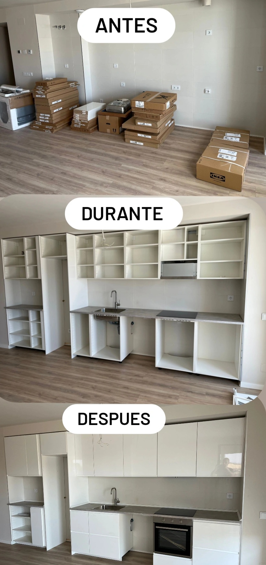 Montaje profesional de cocina Ikea en Madrid Antes, durante y después de la instalación. Trabajo rápido y de calidad para transformar tu espacio. ¿Quieres una cocina nueva sin complicaciones? ¡Contáctanos!
